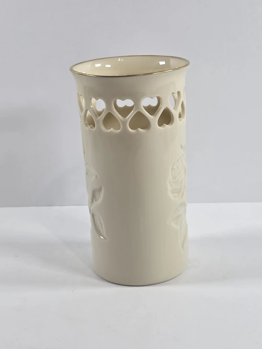 Lenox China Heart Vase Ivory Porcelain Pierced Hearts Rose 24K Gold Trim USA